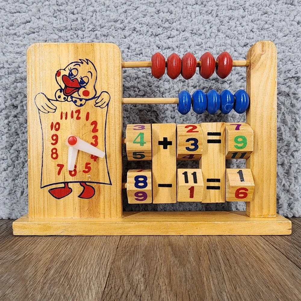 Vintage‎ Wooden Abacus Clock Math Learning Toy Addition Subtraction Duck